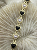 Image of Faux Pearl and Black Heart Rosary Chain, Gold Wire Links, Plated Brass, 6mm White Faux Pearl and Black Hearts, sold by the foot, Fast Ship