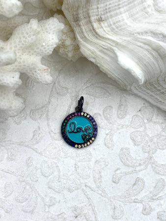 Micro Pave CZ Love Charm, Colorful CZ Micro Pave Love Pendant/Charm, Gunmetal Plated Brass, Colorful CZ, Fast Shipping