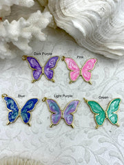 Butterfly Shaped Colorful Enamel and Gold Pendants, Enamel and Gold Plated Brass,5 Colors Pink, Blue, Green, Dark and Light Purple,Fast Ship