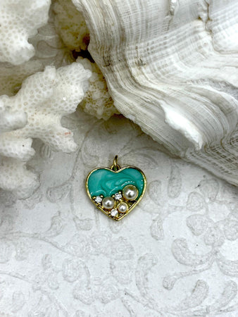 Turquoise Enamel and Gold Heart Shaped Pendants with CZ and Pearl, Gold Heart Charm, Enamel and Gold Charms with CZ and Pearl, Fast Ship.