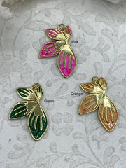 Brass Gold and Enamel Leaf Pendants, Colorful Leaf Pendant Charm, 3 Colors, Orange, Pink,, and Green, 34mm x 23mm Pendant, Fast Shipping