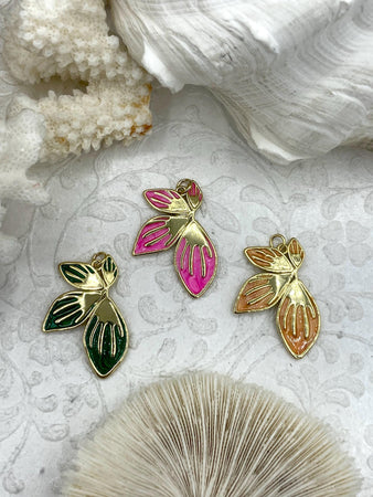 Brass Gold and Enamel Leaf Pendants, Colorful Leaf Pendant Charm, 3 Colors, Orange, Pink,, and Green, 34mm x 23mm Pendant, Fast Shipping