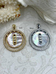 CZ Mother of Pearl Charms, Gold or Silver, Plated Brass, Mother of Pearl, Cubic Zirconia, Round Mother of Pearl and CZ Pendants, Fast Ship