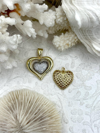 CZ Micro PAVE Gold Heart Charms, 2 Styles, Gold Heart Charms, Plated Brass with Clear Cubic Zirconia, Gold Plated Brass, Hearts, Fast Ship