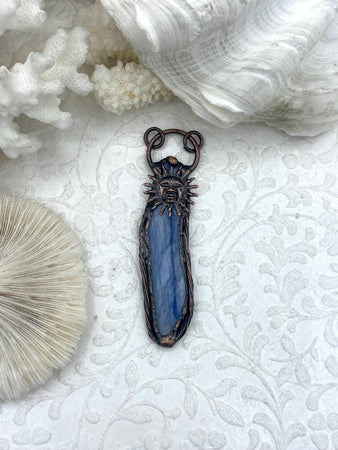 Blue Color Kynite Pendant with Bronze Soldered Bezel and Sun Detail. Natural Kynite Stone. All Natural Stones. Fast Ship