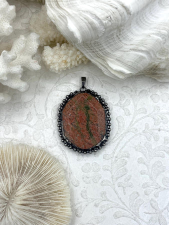 Natural Stone Pendant with Brass Burnished Silver Textured Bezel Natural Stone will come in a variety of sizes and colors. Fast Ship