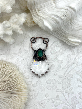 Crystal Bronze Soldered Pendants with Green Stone. Bronze Soldered Charm, Clear Crystal and Green Stone Pendants. Fast Shipping