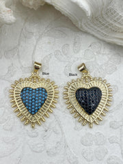 Heart Shaped Charms with CZ, Cubic Zirconia, Gold Plated Brass, black or blue CZ, Gunmetal and Gold Heart Charms. Fast Ship.