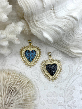 Heart Shaped Charms with CZ, Cubic Zirconia, Gold Plated Brass, black or blue CZ, Gunmetal and Gold Heart Charms. Fast Ship.