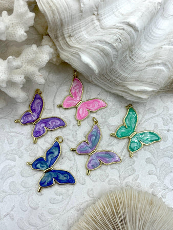 Butterfly Shaped Colorful Enamel and Gold Pendants, Enamel and Gold Plated Brass,5 Colors Pink, Blue, Green, Dark and Light Purple,Fast Ship