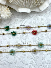 Crystal Flower Shape Mixed Rosary Faceted Glass Beads Chain, Gold Heart Details, 2 Styles, Gold Wire, sold by the foot, Fast Ship