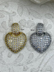 CZ Gold or Silver Micro PAVE Heart Charm, Pendant BRASS, 2 Colors, Plated Brass Heart Charms with Cubic Zirconia, Clear Cz, Fast Ship