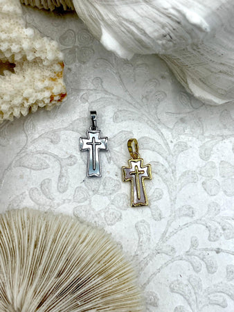 Mother of Pearl Cross Charms, 2 Colors, Gold or Silver, Plated Brass and Mother of Pearl, 18mm x 11mm. Plated Brass Cross Charms. Fast Ship