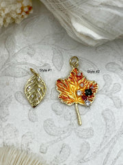 Micro Pave Gold CZ Leaf Charms, Fall CZ Pendants, 2 Styles,Orange and Gold Leaf,Micro Pave Charm, Pendant with Cubic Zirconia, Fast Shipping