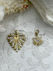 CZ Micro PAVE Leaf Charms, Gold Plated Brass, 2 Styles, Cubic Zirconia Charms, Gold or Silver Plated Brass, CZ Leaf Pendants, Fast Ship