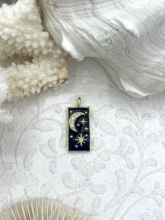 Black Enamel and Gold Rectangle Pendants with CZ, Moon and Stars Black Enamel Charm, Enamel and Gold Plated Brass Charms with CZ, Fast Ship.