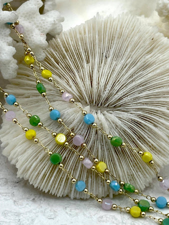 Dainty Pastel Mixed Rosary Faceted Beads Chain, Colorful Pastels, Gold Details, Dainty Chain, Gold Wire, sold by the foot, Fast Ship