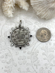 L'abielle Bee Coin Pendant, French Bee Coin w/ Bezel,Bee Pendant, Silver, Fleur De Lis Coin with Black CZ and Clear CZ, Accents Fast Ship