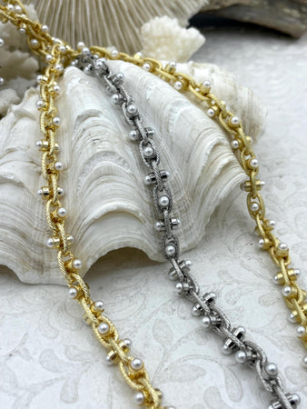 Brass Multilink Pearl chain, 3 Finishes, Gold, Matte Gold, Silver,Dainty Electroplated Brass Chain, White Pearls, Sold By the Foot,Fast Ship