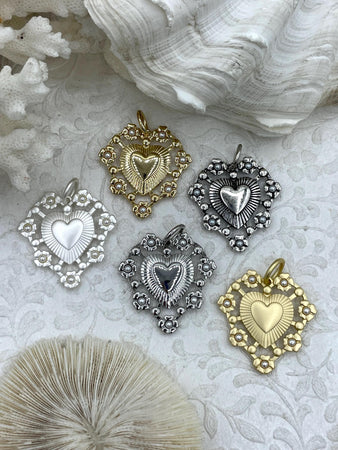 Heart Pendant High Quality Zinc Alloy with Faux Pearls, 38mm, Zinc Alloy Heart Charm, Heart Pendant with Faux Pearls, 5 Finishes, Fast Ship.