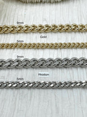 Brass Curb Chain HIGH QUALITY Gold Plated Curb Chain, Rhodium Silver Curb Chain, Chunky Flat Curb Chain 2 sizes 5mm or 9mm Fast ship