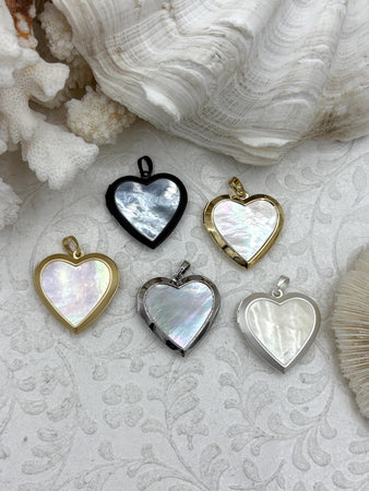 Brass Mother of Pearl Heart Charm, Heart Pendant, Mother of Pearl Pendant, Gold Matte Silver, Matte Gold, Matte Black, and Silver, Fast Ship