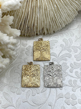 High Quality Brass Tree Charm/Pendant, Tree of Life Pendant, Tree Gold or Rhodium Plated, 27mm x 21mm x 2.25mm, 3 Finishes. Fast Ship