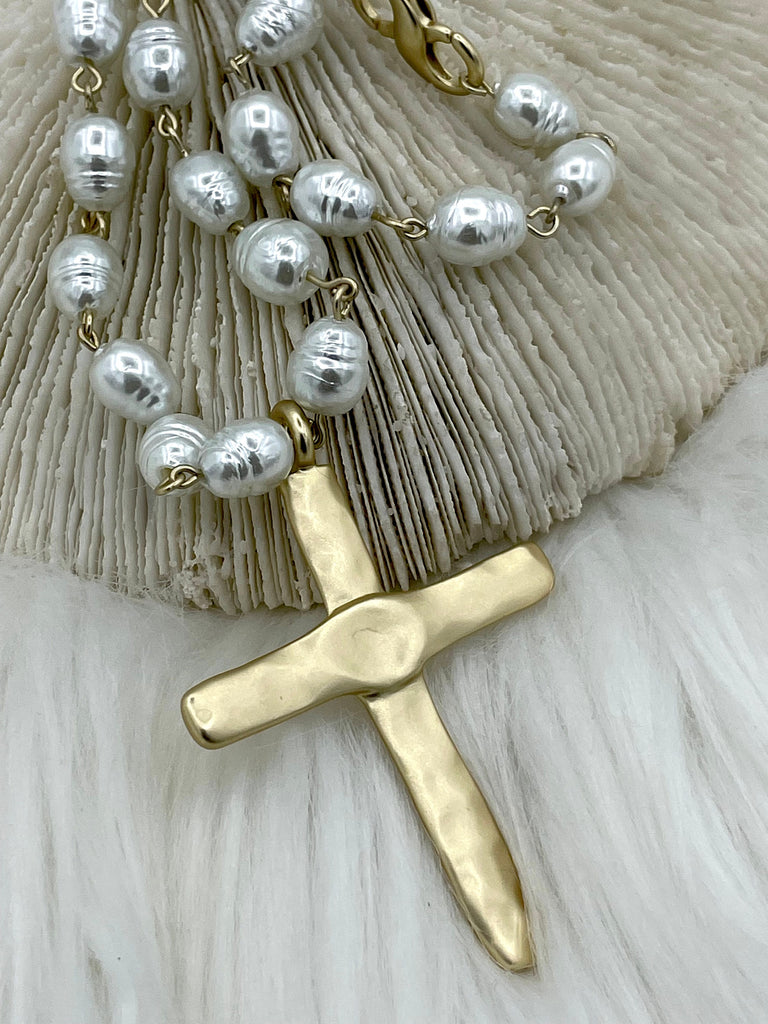 2 Large Cross Charms with Faux Pearl Accent Filigree Cross Pendants  Religious Pendants Rosary Parts Jewelry Supplies 50x34.5mm