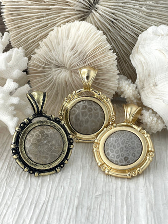 Coral Fossil Pendant with Bezel, Cabochon Natural Stone will come in a variety of patterns, 3 bezel colors, Natural Fossil Stone, Fast Ship.